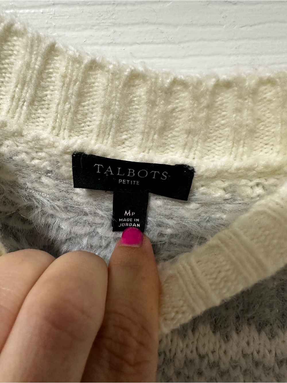 Talbots Petite Fair Isle Sweater MP Ivory Gray Eyelash Knit Cozy Winter Pullover - Picture 4 of 9